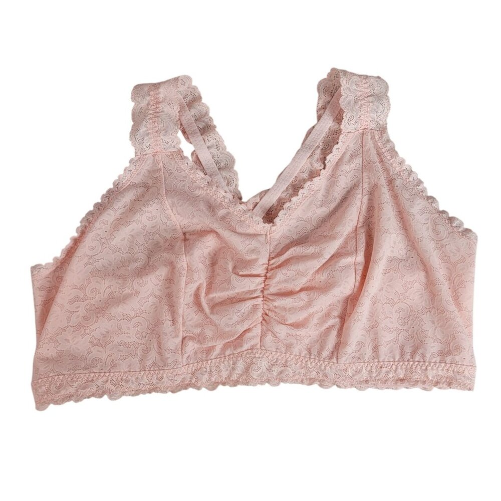 Cacique Bralette Pink Size 26 28 Lined No Wire V Neck Keyhole Back Shirred Lace